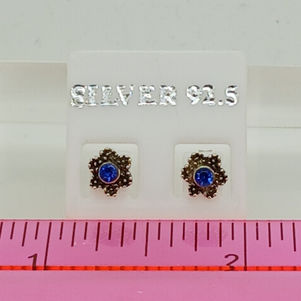 Vintage 925 Sterling Silver Blue Crystal Flower Stud Earrings Floral Jewelry - Picture 14 of 16